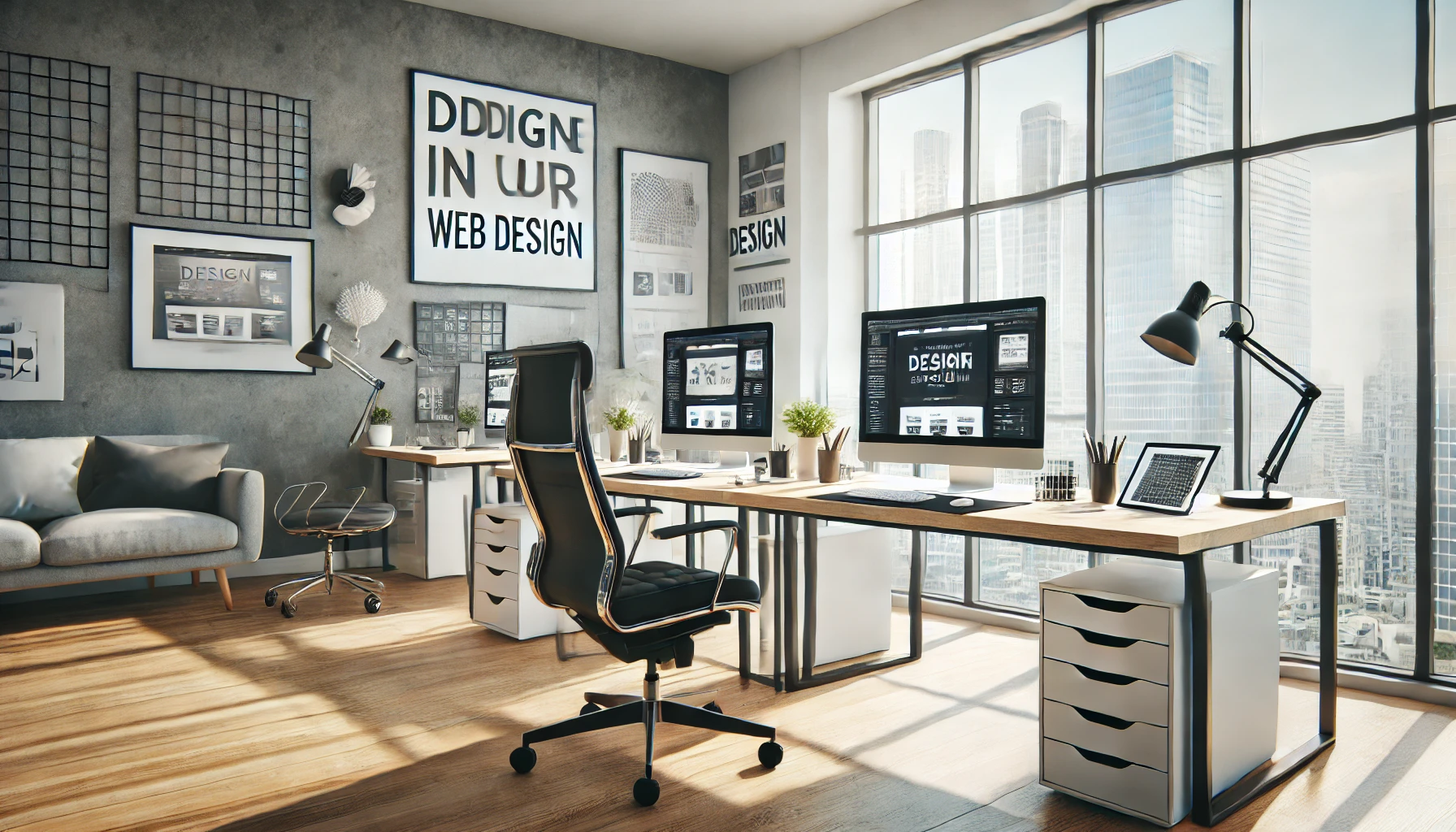 DALL·E 2025 01 24 12.17.36 A professional and modern web design agency workspace with a clean stylish layout. The room features a large desk with multiple monitors showing webs